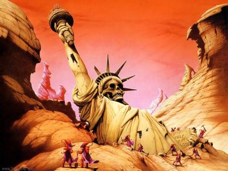 Statue Of Liberty !!! - abstract, fantasy, yellow, statue of liberty, red, mountain, statue