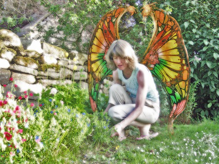 garden fairy - wings, flowers, garden, female