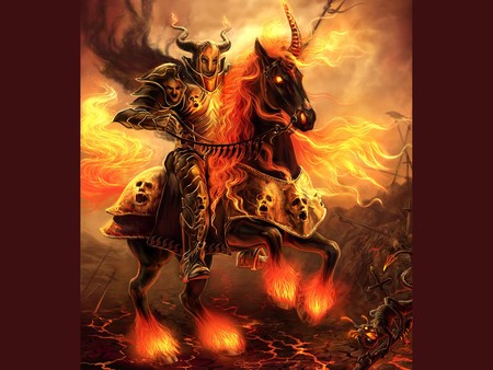 fantasy art - fantasy, fire, demons, creatures, art, horse, dark