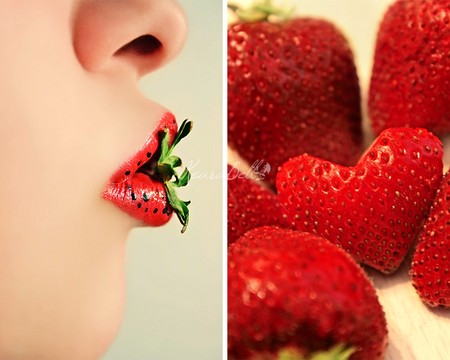 strawberries - woman, strawberries, lips, red, heart, fruits