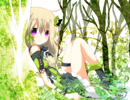 Butterfly - butterfly, trees, girl, long hair, green, anime