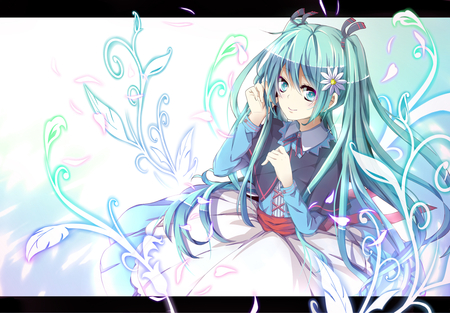 Hatsune Miku - outfit, virtual, miku, digital, vocaloids, song, singer, red, cool, pink, awesome, flowers, vocaloid, anime, twintail, blue, cg, stunning, aqua hair, hatsune, black, cute, beautiful, amazing, girl, anime girl, white, program, aqua eyes, artistic, pretty, aqua, beauty, dress, art, diva, twin tail, nice, idol, music, hatsune miku