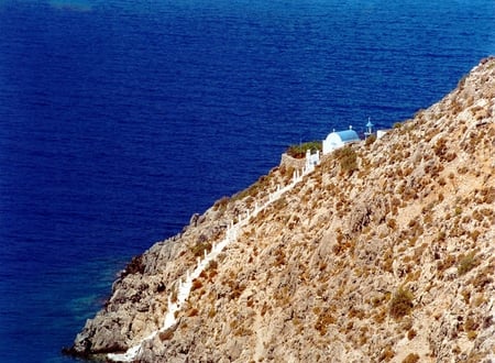 Somewhere in Greece - stairs, pic, photography, image, white, mountain, summer, greece, picture, orthodox, colours, church, blue, island, colors, photo, sea