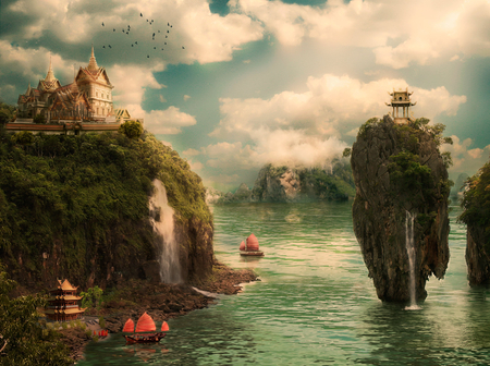 monastery - house, falls, canos, river, coral, view, 3d, art, sky