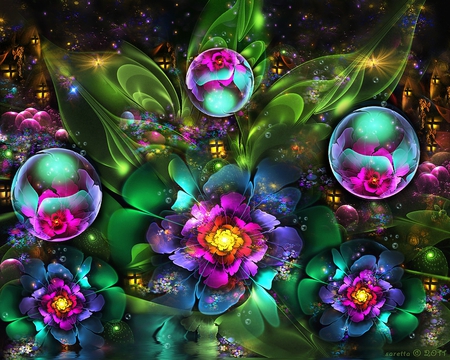 a_magical_night - bright, art, 3d, night, flowers