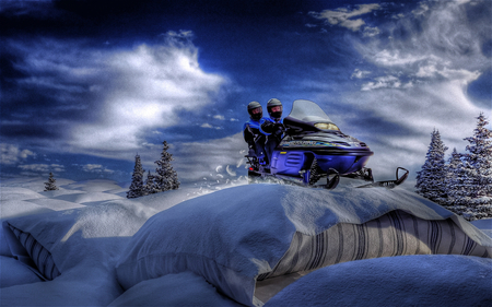 Soft Suspension - snowmobile, riding, winter, pillows, sugar, touring, cool, clouds, snow, blue