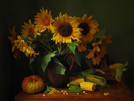 Still life - nice, sunflowers, pumpkin, delicate, lovely, still life, vase, dark, pretty, corn, beautiful, flowers, harmony