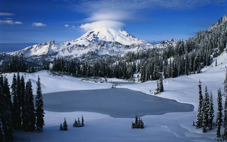 Frozen Lake - ice, nature, sky, lake, mountain, snow, winter, frozen