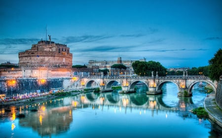 Castel Sant'Angelo - sky, trees, italy, water, colorful, mausoleum, museum, clouds, castle, architecture, rivers, mausoleum of hadrian, bridge, monuments, castel sant angelo, nature, beautiful, rome