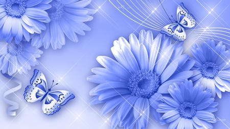 Blue Ecstasy - sparkle, summer, blue, spring, stars, flowers, gerberas, daisies, butterfly, shine