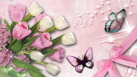 Springs Gift - stars, tulips, summer, spring, lilacs, bow, ribbon, flowers, butterflies