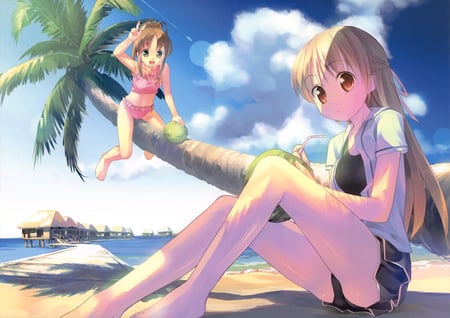 2 Girls - anime, beach, girl, uleq