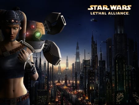 attack of the clones: lethal assassin - lights, ships, droid, city, buildings, woman