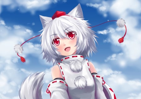 Momiji Inubashiri - tail, sky, neko, cat, girl, momiji inubashiri, red eyes, ears, clouds, anime, short hair