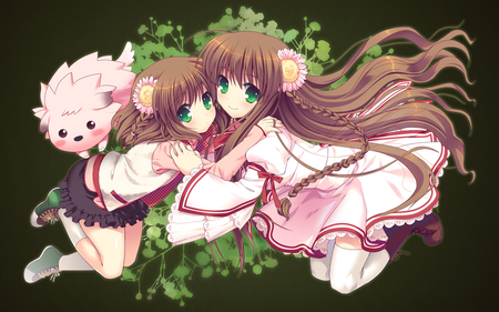 Kanbe Kotori & Chibi Moth - chibi moth, kanbe kotori, anime, long hair, leaves, animal, short hair, dress