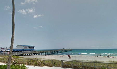 Lake Worth  Beach - florida, water, beach, grass, sand, lake, sky, wave, clouds, pier