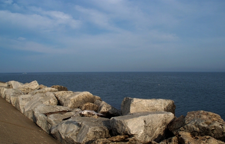 Lake Michigan - sea gull, rocks, bird, water, lake, sky, boulders, clouds, michigan