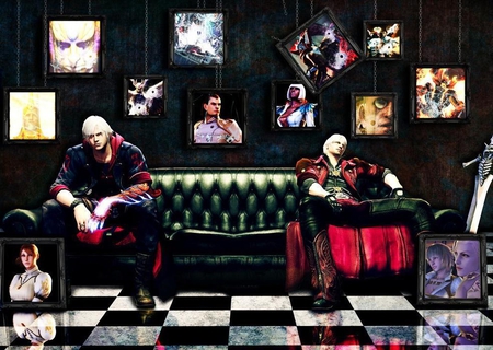 Nero & Dante - swords, nero, sofa, couch, lounge, dmc4, cool, anime, dante, checkered floor, dmc, male, boots, games, trench coat, video games, portraits, weapons, devil may cry, white hair