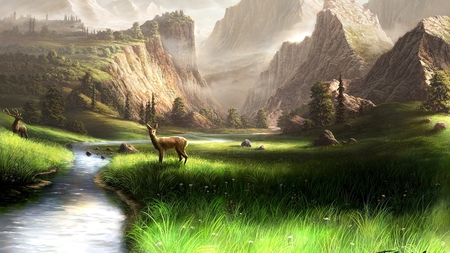 By the Brook.. - painting, trees, serene, peaceful, mountains, brook, grass, deer