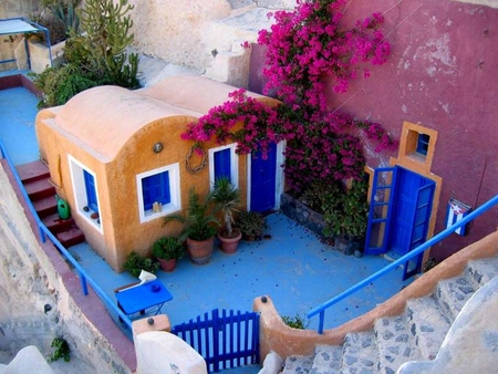 Summer colors - stairs, beauty, houses, image, summer, picture, pink, blue, architecture, flowers, colors