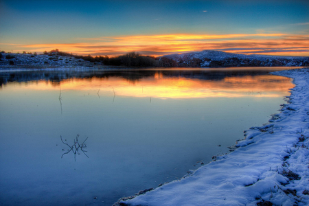 Winter sunrise - beauty, sky, sun, image, view, reflection, cold, clouds, orange, lake, background, winter, gold, nature, glow, picture, snow, blue, beautiful, sunrise