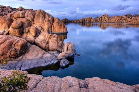 Erosion - clouds, water, blue, image, beautiful, beauty, reflection, erosion, nature, picture, lake, sky, rocks