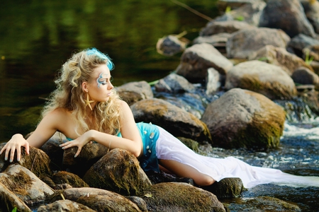 Blue Mermaid - star fish earrings, girl, mermaid, blue, beautiful, water, lovely, rocks