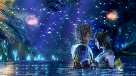 Final Fantasy X - Tidus and Yuna - yuna, macalania woods, cg, tidus, water, ffx, love, final fantasy x