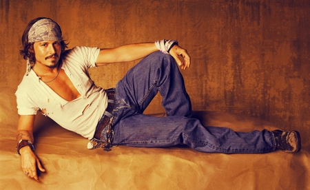 Johnny: The Artist (for Katrinna) - hollywood, pic, photography, jeans, image, brown, t-shirt, artist, handsome, sexy, lying, wallpaper, boots, picture, beard, wall, dirty, actor, pose, johnny depp, colors, photo