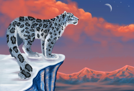 snow leopard - clouds, artistic, leopard, pink, cat, cg, colorful, white, animal, spots, mountains