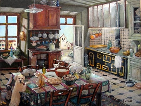 Monique Valdeneige. La maison sans rideaux (house without curtains) - painting, home, art, kitchen, monique valdeneige, cat, dog, table