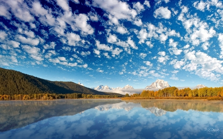 Autumn Panorama Horizon - horizon, mountains, fall, lake, sky, reflection, clouds, river, trees, autumn