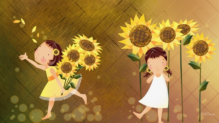 Scattering Sunflower Petals - girls, bokeh, autumn, sunflowers, whimsical, fall, children, cute