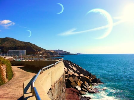 Moon vacation - moon, ocean, sun, rings, planet