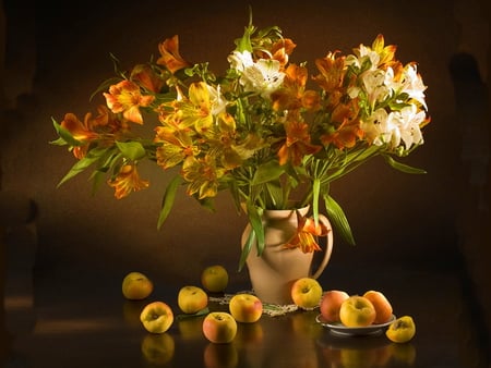 Still life - pretty, vase, beautiful, lovely, reflection, still life, harmony, flowers, nice, fruits