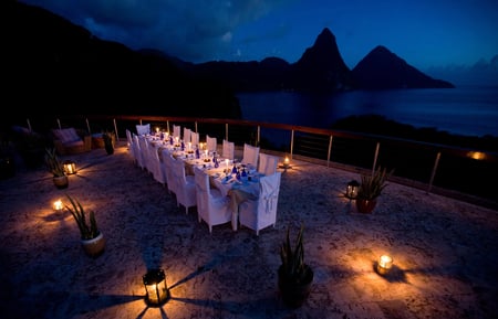 Romantic Dinnerplace - table, mountains, sea, dinner