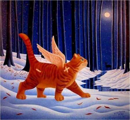 Vicky Mount * A Walk on the Quiet Side - art, vicky mount, angel, cat, snow, winter, kitten