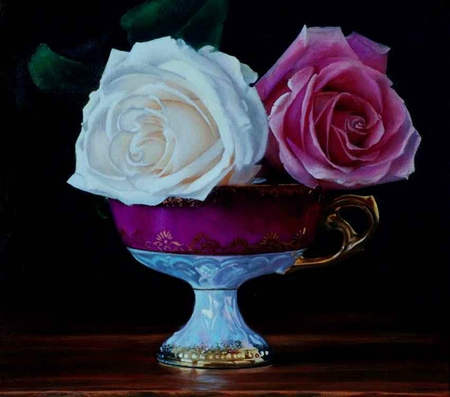 Guy-Anne Massicotte * Tasse ancienne et roses - flower, rose, painting, guy-anne massicotte, art