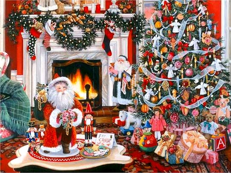 Susan Rios * The Warmth Of Christmas - fireplace, susan rios, art, toy, home, santa, holkiday, tree, painting