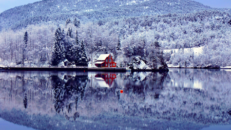 Amazing Reflections - house, trees, winter, amazing, reflection, mountain, white, red, lake