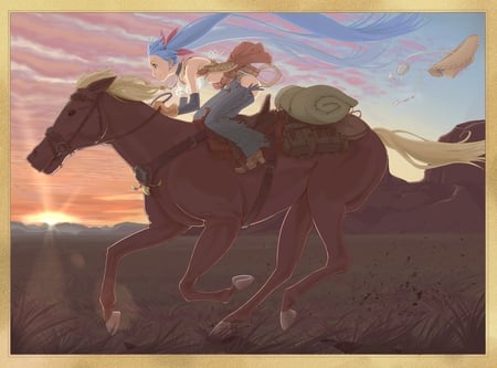 miku riding - miku, sunset, horse, pack