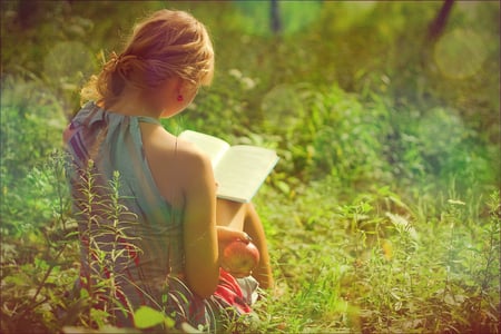 Joyful Leisure - summer, reading, girl, sunshine, joyful, grass, lovely, photo, apple