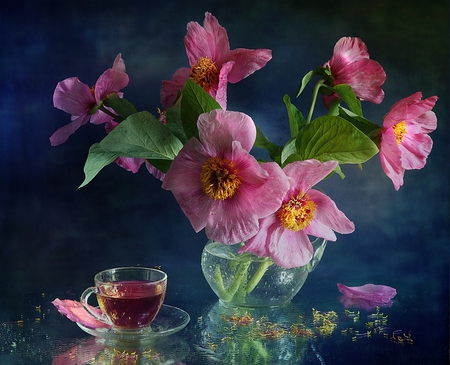 Still Life for Cherie (Monarch) - herbal tea, pink, flowers, still life, lovely, vase