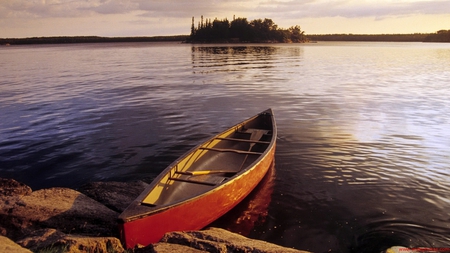 Canoe on a lake - evening, lake, nature, canoe