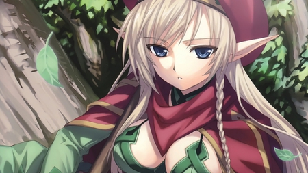 Anime Elf Girl - elf, girl, long hair, forest, nice eyes, red, beautiful, green, anime, sweet, blonde