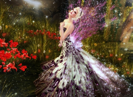 Colorful fairy for Lisa (AVABOO) - beauty, stars, magic, colorful, fantasy, sparkle, face, fairy, flowers, colors, poppies, beautiful fairy, dress