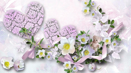 Blossoms and Bear - pink, flowers, valentines day, leaves, sakura, ribbon, teddy bear, hearts, blooms