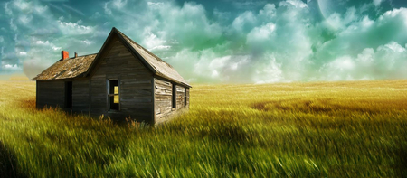 In The Middle Of Nowhere - house, blue, green, grass, sky