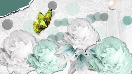 Old Fashion - peonies, butterfly, aqua, vintage, paper, summer, flowers