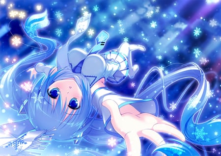 blue hatsune miku - zettai ryouiki, 01, music, aqua hair, looking at viewer, anime, cute, hatsune miku, skirt, girl, twintails, blue eyes, blue suit, long hair, snowflakes, blue hair, vocaloid, beautiful, soil, 3d programs